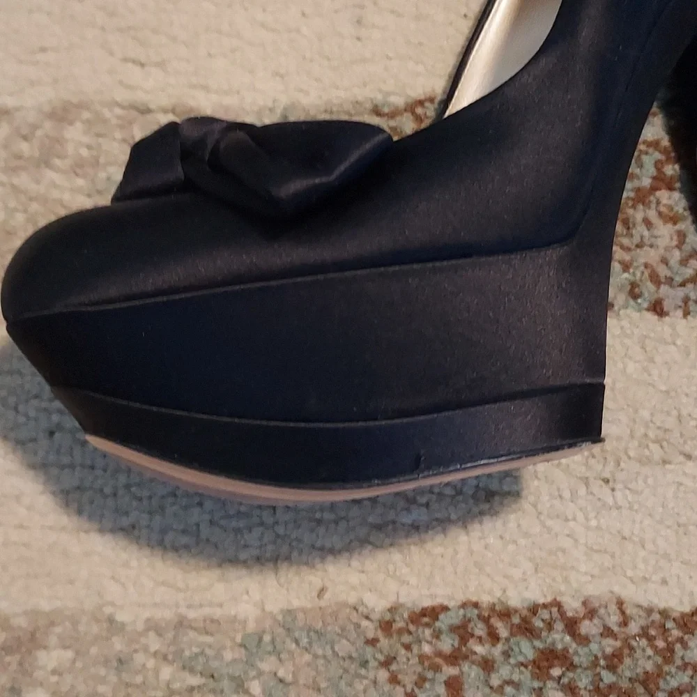 CASADEI Black Satin Platform High Heels With Bow Detailing Sz-10.5